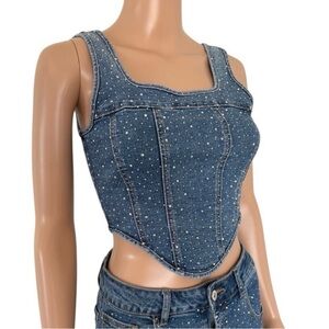 Balboa Studded Sparkle Denim Corset Top Sz Small stretch